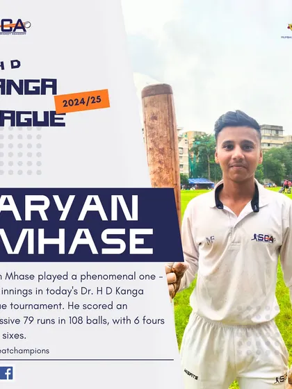 A phenomenal one-sided innings from Aryan Mhase in the tough conditions of the Kanga League, scoring an impressive 79.