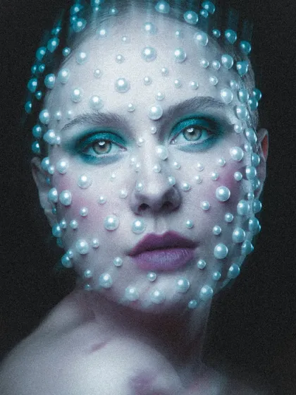 This celestial-inspired look is one of my absolute favorites. I meticulously applied each pearl to create a textural, otherworldly effect, pairing it with a soft teal eyeshadow and a muted lip to let the pearlwork shine. This is the kind of avant-garde makeup I love to create for conceptual shoots.
