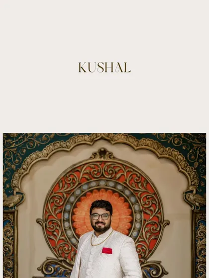 An artistic portrait of the groom, framed to highlight his regal attire and the grand, colorful decor of the engagement venue.