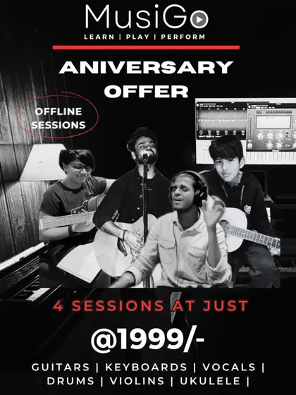 Our special anniversary offer: get four offline sessions for guitar, keyboards, vocals, or other instruments for a promotional price.