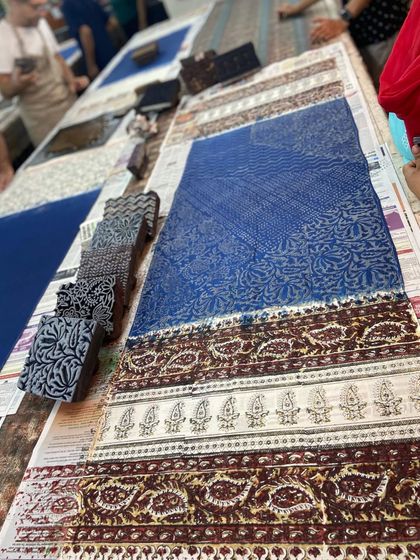 A beautiful printscape created by a participant in our natural dyes workshop. The combination of discharge printing, mordants, and block printing on this stole results in a truly one-of-a-kind piece of wearable art.