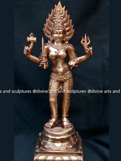 A beautiful bronze icon of Mariamman, created for a client in Malaysia. The fiery crown and powerful weapons are characteristic of this protective goddess.