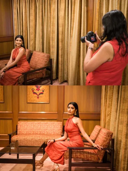 Here is a behind-the-scenes look at me photographing actress Hina Khan at an event. This shows my process and how I work on-location to get the perfect shot, even in a busy environment.