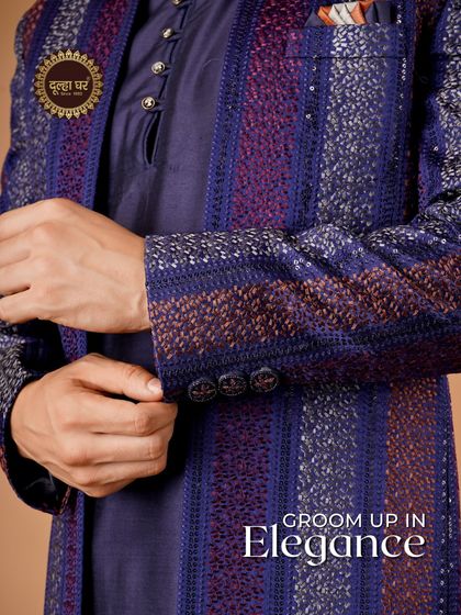 Groom up in elegance. A similar close-up of a blue and purple striped jacket, highlighting the rich color combination and texture.