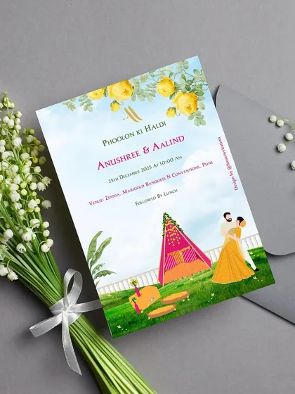 A vibrant "Phoolon Ki Haldi" invitation, filled with the joy of yellow roses and marigolds. The custom illustration shows the couple during the haldi ceremony, capturing a moment of fun and tradition.