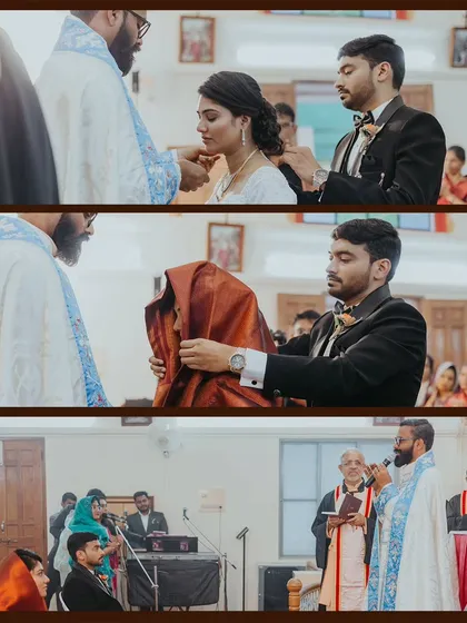 A collage of the key rituals in a Christian wedding, including the tying of the 'Thali' and the blessing of the 'Manthrakodi' (saree).