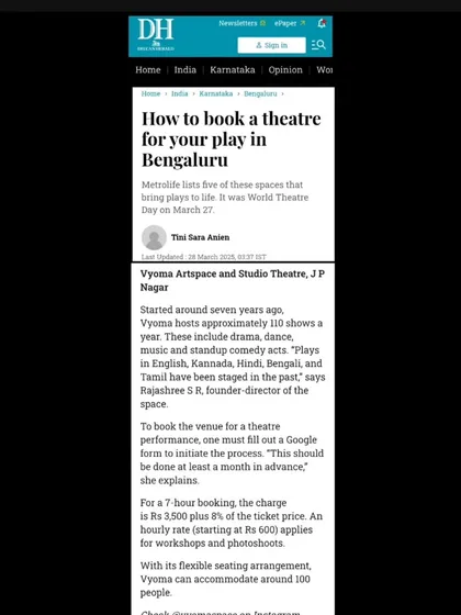 We are so grateful for this feature in the Deccan Herald, recognizing Vyoma as a key space for theatre in Bengaluru. Recognition like this gives us more energy to work harder!
