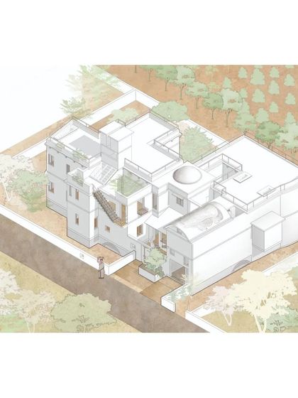An isometric drawing of the Professor's Residence, showing its complex massing with multiple courtyards, terraces, and vaulted roofs. The drawing gives a clear overview of how the different public and private spaces connect.