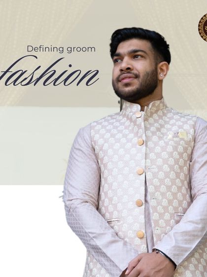 Defining groom fashion. A model in a beige patterned Nehru jacket, looking thoughtful and stylish.