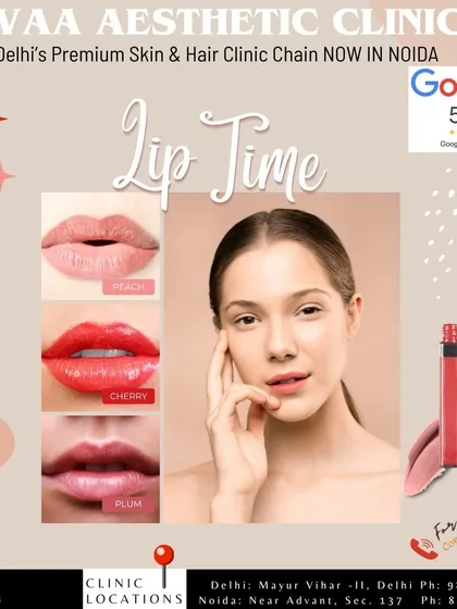A visual menu of our lip tint services, showcasing different color options like peach, cherry, and plum to enhance your natural lip shade.