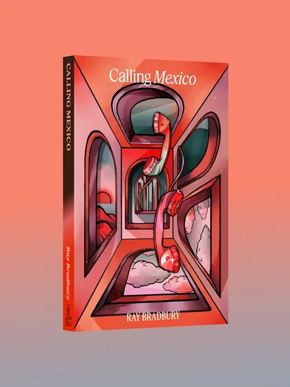 The static illustration for the cover of "Calling Mexico" by Ray Bradbury. The design uses surreal, repeating architecture and a disconnected telephone to visualize the story's themes of loneliness and the longing for connection across distance.