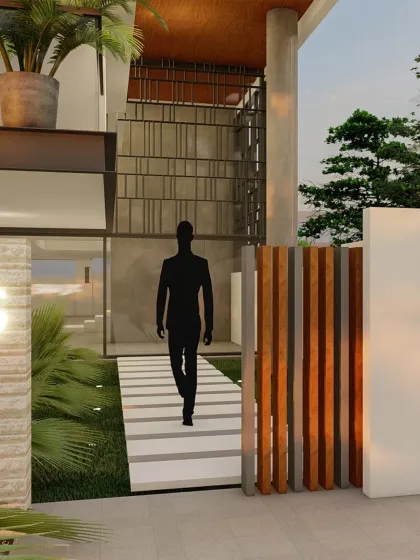 A close-up of the entrance pathway for the modern home, featuring floating steps and a gate with vertical wooden slats that echo the facade's design language.