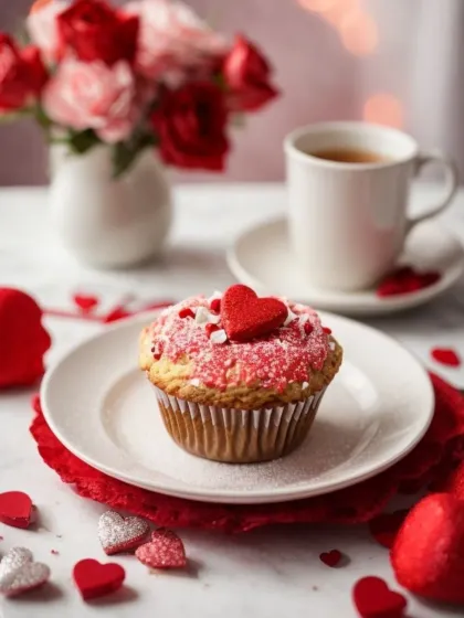 This image captures the romantic, Parisian essence of my café. A single Valentine's cupcake, adorned with a simple heart, is perfect for an intimate gesture and represents the smaller, heartfelt treats I offer.