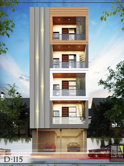 An alternative elevation option for an upcoming residential building. This design features a prominent grey facade with vertical grooves and integrated profile lights, contrasted with wood-clad recessed balconies.