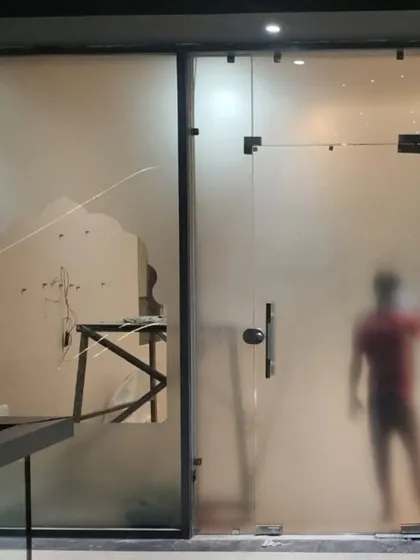 An in-progress shot of the storefront, where you can see the jharoka-inspired frosted glass design being marked out. This is a key step where our design concept begins to take physical form.