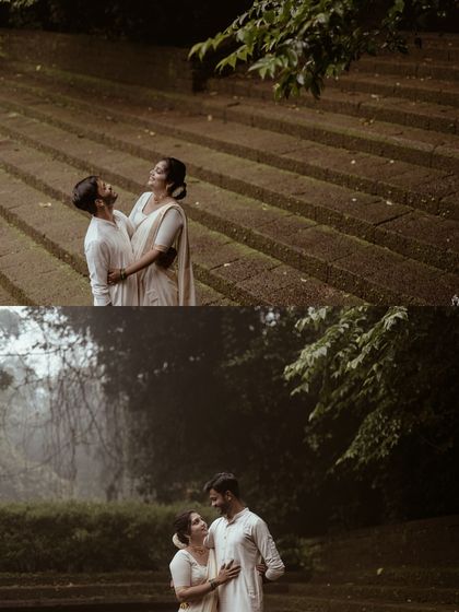 A collage of a couple in traditional white attire, sharing romantic moments on ancient temple steps surrounded by greenery.