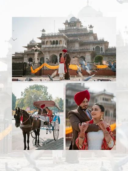 A collage from Harmail and Kamalpreet's shoot at Albert Hall Museum, including a classic shot in a horse-drawn carriage.