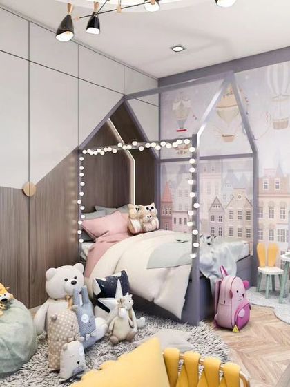 A duplicate of ID 74, this image shows a magical girl's room with a house-frame bed, fairy lights, and a playful mural.