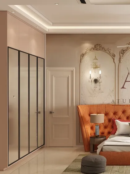 This royal bedroom design features a vibrant orange tufted wingback headboard, set against a wall with neo-classical arch murals.