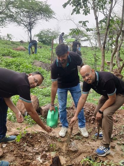 Three volunteers from Colt Technology Services work together to plant and water a sapling on a cloudy morning at Aravali Nagar Van.
