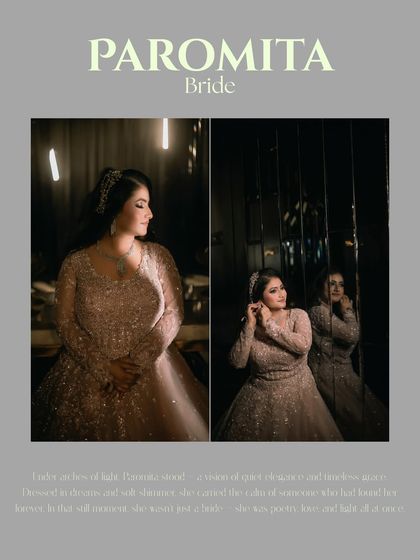 A collage dedicated to the bride, Paromita. These portraits, set against dark, reflective surfaces, capture her soft elegance and the quiet confidence of a bride-to-be.