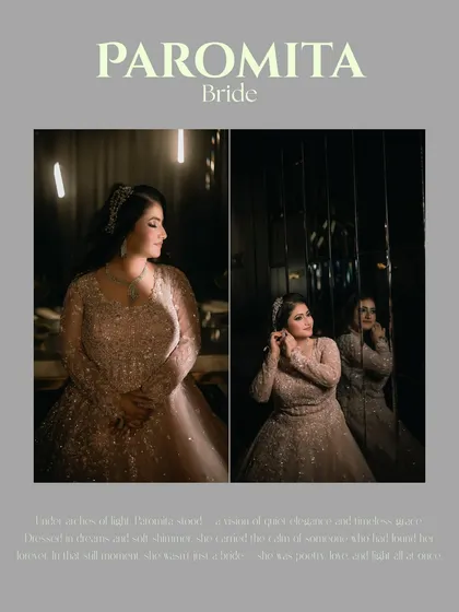 A beautifully designed collage of the bride, Paromita, capturing her elegance and poise during her ring ceremony preparations.