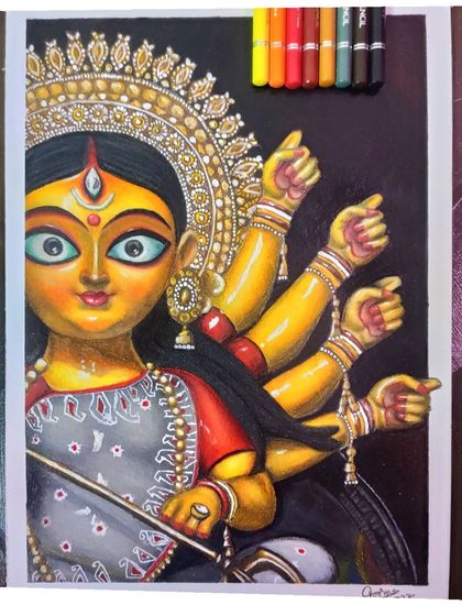 The completed drawing of Durga Maa, showcasing her powerful expression and multiple arms. This piece was made with Brustro colored pencils and white acrylic paint for the highlights.
