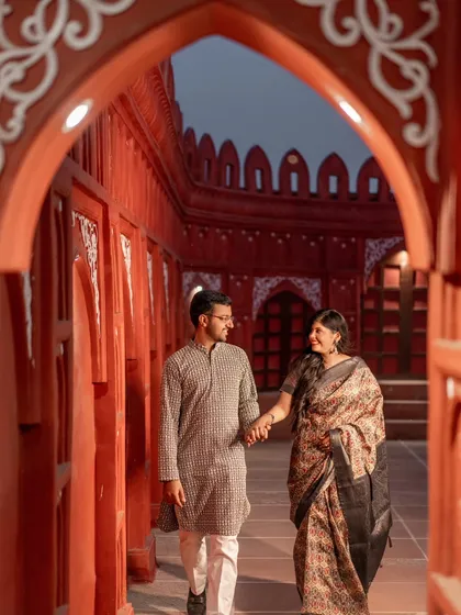 Our royal Indian sets truly come alive at night. This shot, taken in our Lal Kila inspired corridor, shows how the lighting creates a warm, intimate, and majestic atmosphere for your evening shoots.