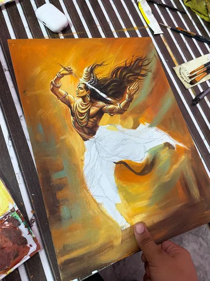 An in-progress shot where I am painting the details of Shiva's body over the background colors.