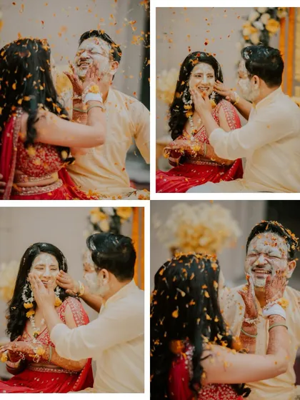 A grid of four photos showing a couple playfully applying haldi to each other, capturing their laughter and interaction.