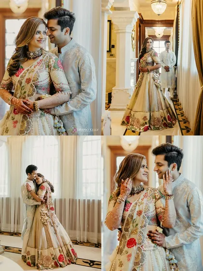 A collage of romantic portraits of the couple inside the beautiful interiors of the ITC Grand Bharat.