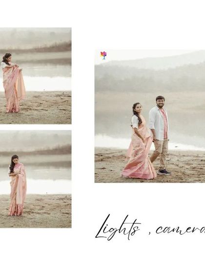 A collage that feels like a film strip, capturing the "lights, camera, action" feel of a vintage-inspired pre-wedding shoot.