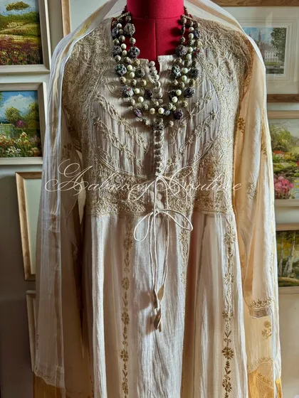 A full-length view of the Anarkali with its matching dupatta, perfect for understanding the complete monochromatic look.