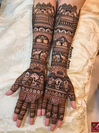A full view of an intricate bridal design without human figures, showcasing the beautiful flow of patterns from elbow to fingertips.