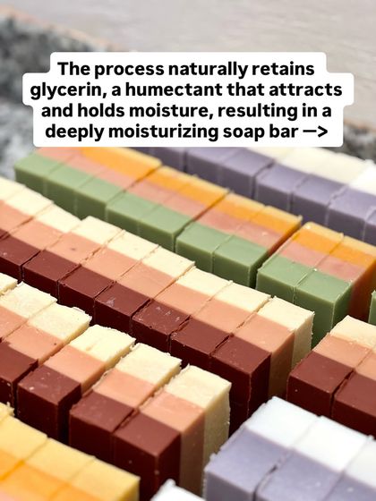 The cold process method naturally retains glycerin, a humectant that attracts and holds moisture. This results in a deeply moisturizing soap bar that's great for your skin.