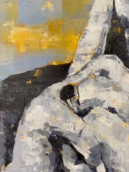 Titled 'Plato’s Discourse', this 5x4 feet portrait captures a moment of deep thought. The monochromatic palette with hints of gold leaf adds a classic, philosophical weight to the piece, inviting quiet contemplation.