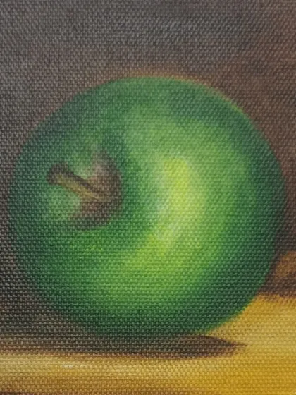A simple still life of a green apple, painted in acrylic. This is a great beginner's exercise for understanding form, light source, and shadow.