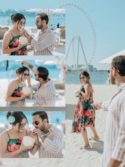 A collage of sweet, candid moments on the beach in Dubai. Sharing a coconut and laughing together, these photos capture the relaxed and fun side of their relationship.