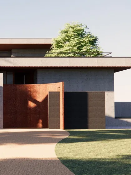 The entrance to a modern villa featuring a Corten steel gate and minimalist concrete forms. The design balances strong architectural lines with the softness of the surrounding lawn and trees.