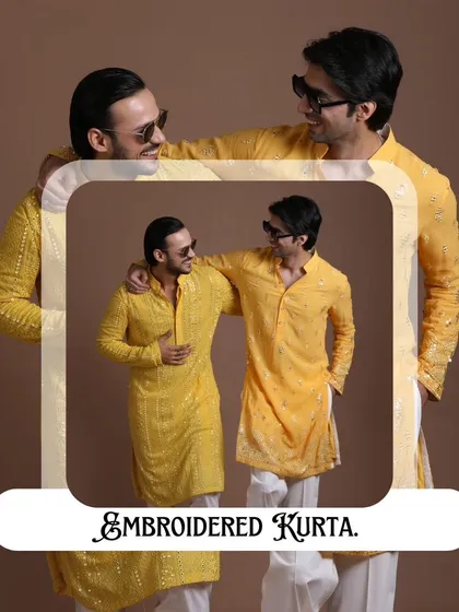 A graphic showcasing two embroidered kurta looks. It emphasizes how these pieces combine traditional charm with modern style, perfect for any occasion.
