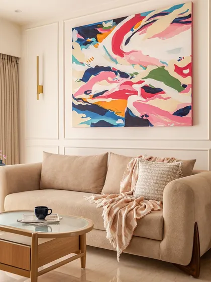 I love playing with color to bring energy into a room. This vibrant 5ft x 4ft abstract painting was commissioned for a residence in Mumbai, designed to be a joyful and dynamic focal point in their living space.