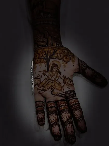 Hare Krishna. Here, I have depicted Lord Krishna playing his flute, surrounded by his beloved cows. This design embodies divine wisdom, strength, and boundless grace.