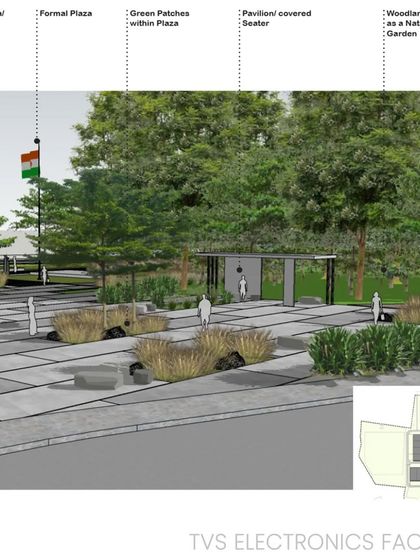 My preliminary method is to brainstorm and start with scribbles on paper, which are then developed into clearer sketches. This concept for a plaza at TVS Electronics shows a common gathering space with green cover and stone sculptures.