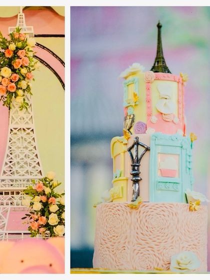 A collage showing the Eiffel Tower prop and the intricate, multi-tiered Parisian-themed cake.