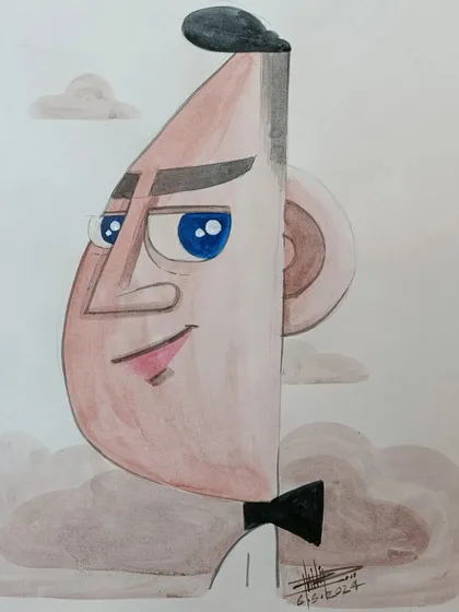 Another geometric style caricature, this one with a more abstract and stylized look, painted with watercolors.