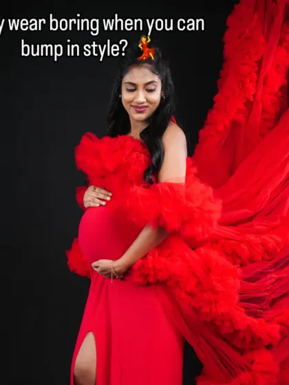 Why wear boring when you can bump in style? This image perfectly captures the fun and glamour of our red ruffled maternity gown.