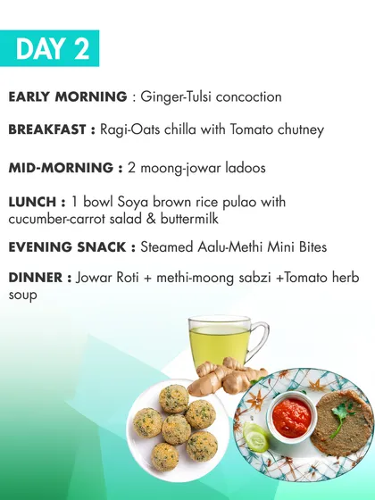 Day 2 of the monsoon plan includes a ginger-tulsi drink to boost immunity. Ragi-oats chilla and jowar roti with methi-moong sabzi provide warmth and nourishment, which is essential during this season.