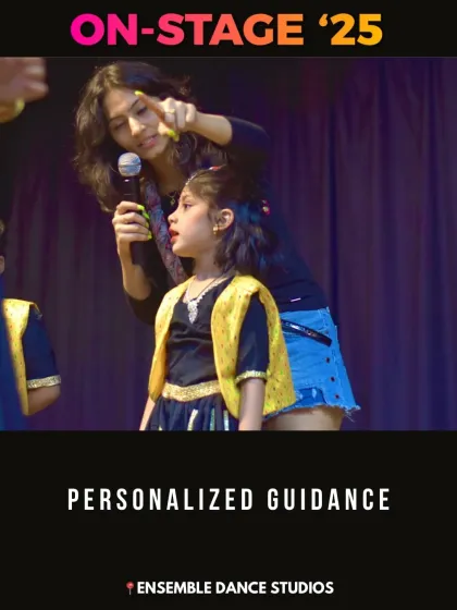 We believe in personal attention for every child. Here, our instructor Isha provides one on one guidance during a stage rehearsal, ensuring each student feels supported and ready to perform their best.