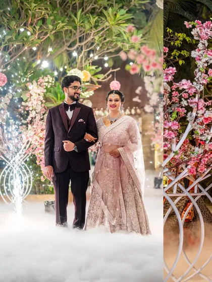 A grand entrance for this lovely couple at their reception, walking through a cloud of smoke and surrounded by cherry blossoms.