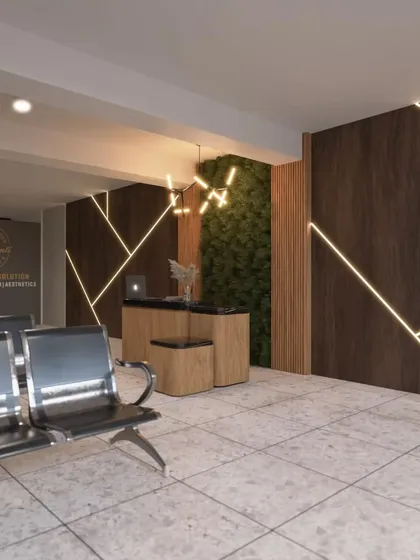 This render shows a complete reception and waiting area concept. The design uses geometric LED light patterns on dark wood panels to create a dynamic and sophisticated atmosphere, balanced with simple, functional seating.